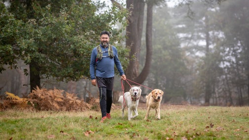 Man walking across the common with two blonde labrador retrievers on leads